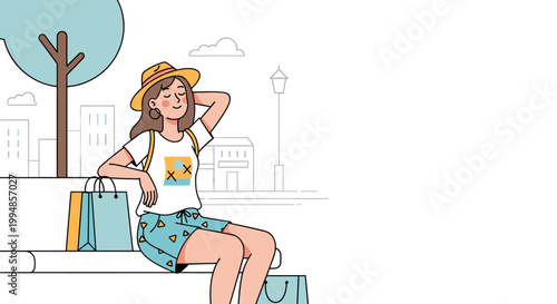 Young woman resting after shopping in city summer lifestyle scene