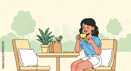 Happy woman drinking tea in cozy cafe with shopping bag lifestyle moment