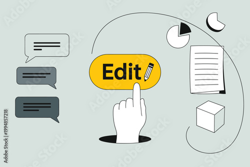 Hand pressing an " Edit" button with icons finger