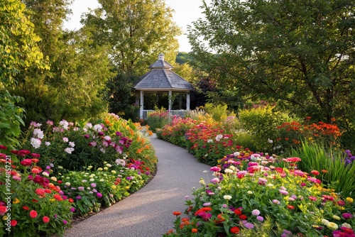 Bright Flowers Line a Winding Path Leading to a Gazebo in a Garden During Aft...