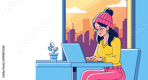 Young woman working on laptop at cafe window remote work lifestyle scene