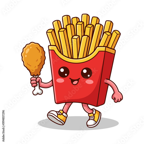 Cute French Fries Character Holding Fried Chicken Drumstick Illustration