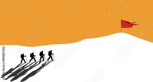 Silhouette hikers approaching a red flag on a snowy mountain