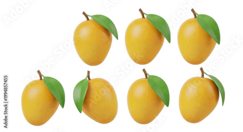 Vector illustration of fresh ripe yellow mangoes with green leaves on a transparent background