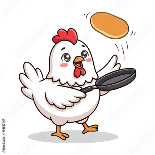 Cute Hand drawn Cartoon Chicken Flipping Pancake with Pan Illustration