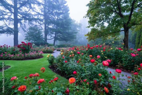 Roses Bloom in a Garden Path Surrounded by Trees on a Foggy Morning