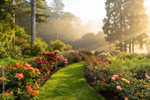 Bright Flowers Line a Winding Path Leading to a Gazebo in a Garden During Aft...
