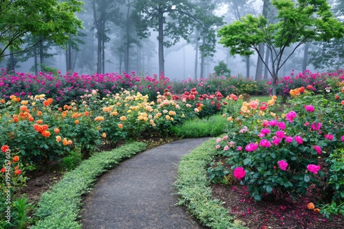 Roses Bloom Along a Winding Path in a Misty Garden During Early Morning Hours