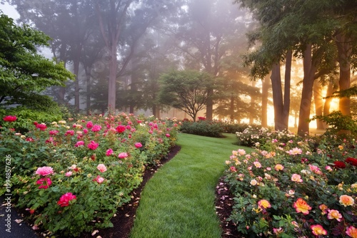 Bright Flowers Line a Winding Path Leading to a Gazebo in a Garden During Aft...