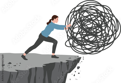Woman pushing tangled mess off cliff edge abstract