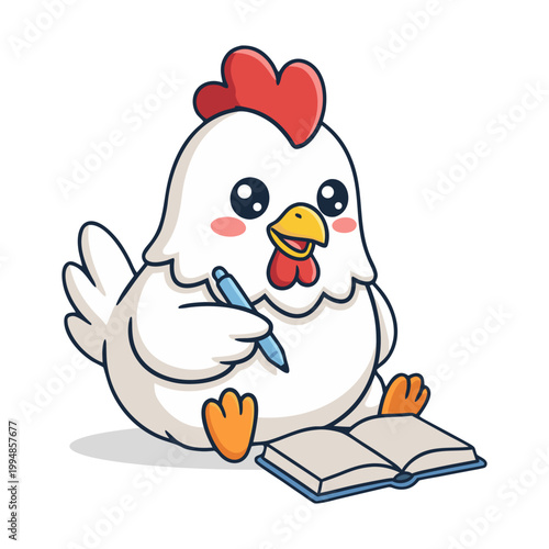Cute Chicken Character Writing in a Book Animal Illustration