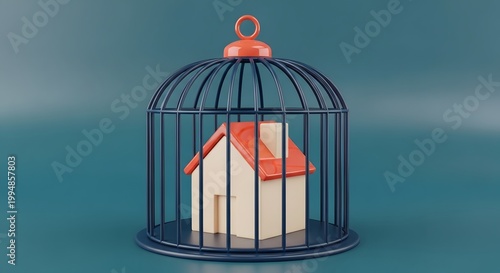 Minimalist 3D isometric illustration of a small model house with a red roof trapped inside a dark blue birdcage. Concept for real estate restrictions, housing lockdown, and property debt.