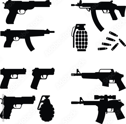 Collection of weapon silhouettes including pistols rifles grenades and ammunition isolated on white background military equipment and defense concept