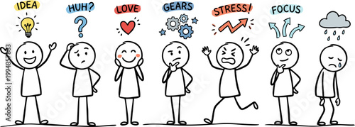 Hand Drawn Stick Figure Emotions and Mental States Set with Idea, Confusion, Love, Stress and Focus