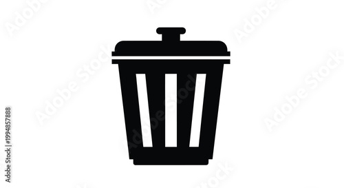 A simple black and white illustration depicts a closed trash can signifying waste disposal and recycling high quality