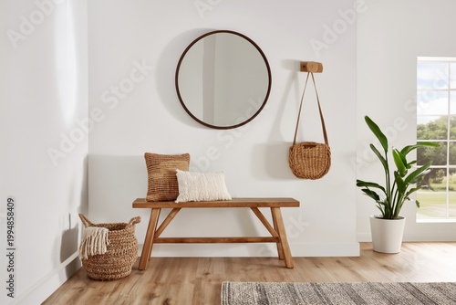 Bench With Mirror and Plants in Bright Room During Day