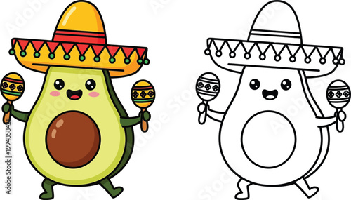 Bild auf Leinwand Cute Cartoon Avocado with Sombrero and Maracas Festive Mexican Character