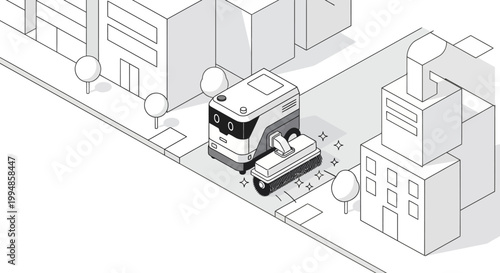 Autonomous Street Sweeper Robot Cleaning Urban Sidewalk Isometric Line Art Illustration
