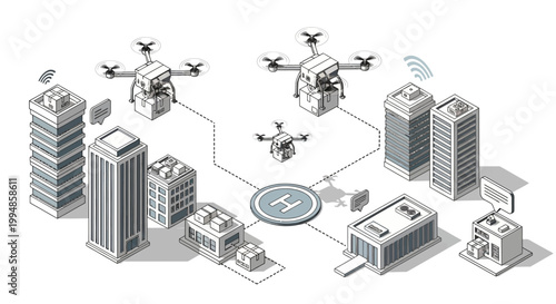 Isometric Smart City Drone Delivery Network Illustration with Automated Drones Carrying Packages in Urban Environment