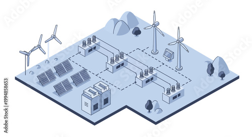 Isometric Renewable Energy Infrastructure Vector Illustration featuring Solar Panels, Wind Turbines, Power Transformers, and Battery Storage for Smart Grid Power Distribution