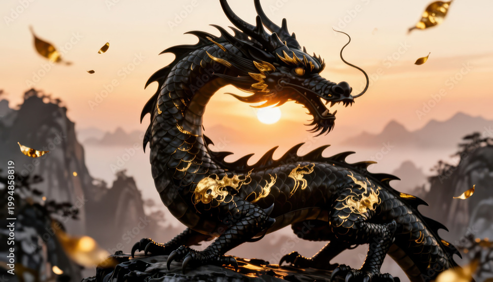 Fototapeta premium A majestic dragon stands on a rocky outcrop, silhouetted against the sunset. The dragon's scales glisten as the sun sets behind distant mountains.