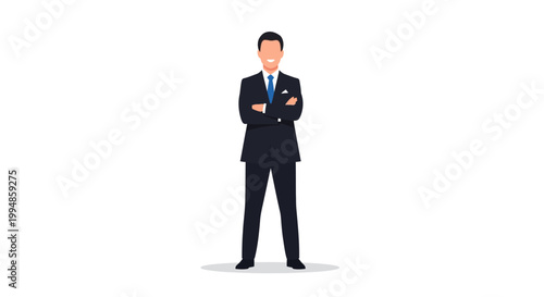 Confident businessman in suit standing with arms crossed on white background