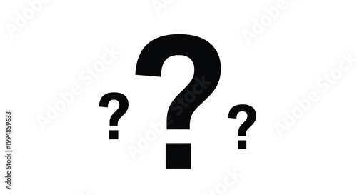 A stark black illustration depicts three question marks of varying sizes against a white background high quality professional