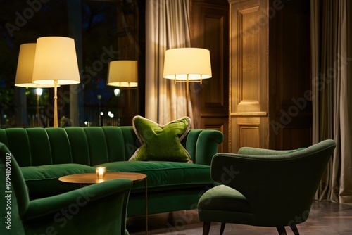 Cozy Green Seating Area in a Modern Interior With Lamps and Curtains in the E...
