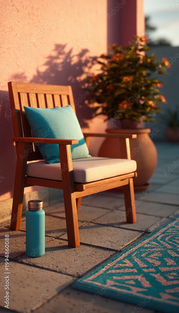 Obraz premium Empty rooftop patio workout space prepared for prenatal stretching with mat, chair and water