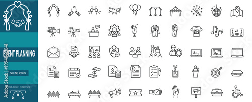 Wedding planning web line icons set celebration party catering event organization ceremony management web line icons set & more vector illustration on editable stroke