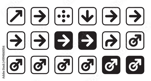 Uniform square boxed directional icons and male gender symbols in black and white styles.