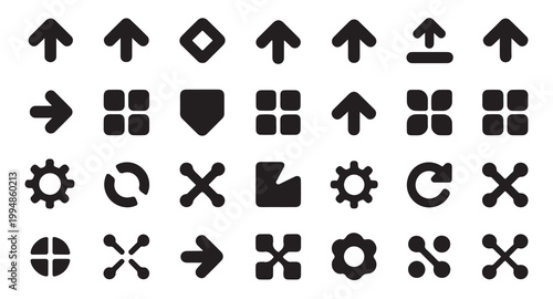 Set of twenty-eight icons depicting arrows, settings, refresh, and different shapes.