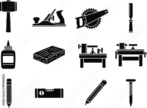 Collection of black and white carpentry and woodworking tool icons on a white background