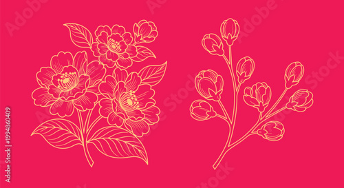 Golden floral arrangement on a red background an artistic botanical illustration