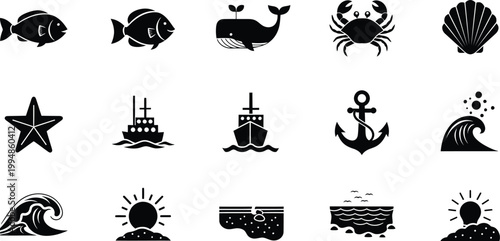 Set of fifteen minimalist sea and ocean life icons including fish whale crab and anchor.
