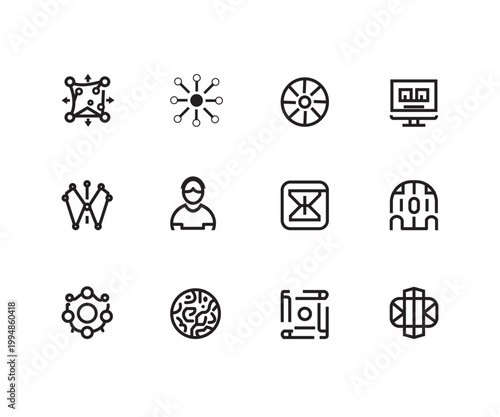 Assortment of sleek, black line icons depicting concepts related to technology, data and networks.