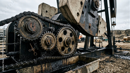 Close up of greasy gears and chains on industrial oil pumpjack machine