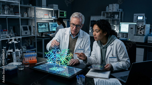 Scientists studying protein molecular structure on 3D table in lab