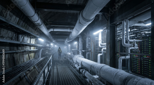 Icy underground server room hallway with industrial pipes and worker