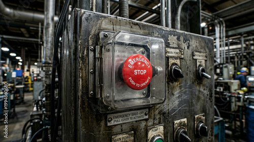 Industrial emergency stop button on weathered control panel