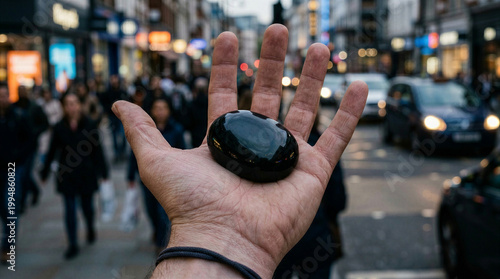Hand holding smooth black stone in busy city street