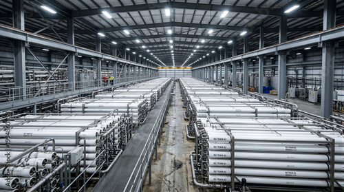 Rows of reverse osmosis filtration units in industrial water plant