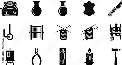 Collection of black and white flat icons depicting various traditional crafts and creative hobbies.