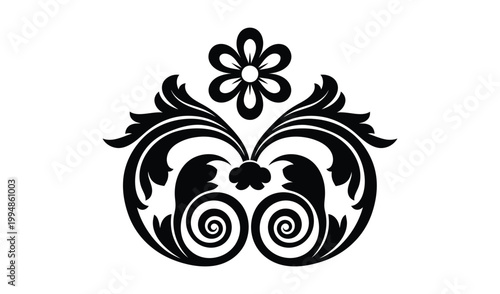 Intricate black and white floral illustration with symmetrical swirls and a central flower, evoking elegance and vintage charm.