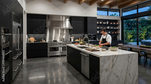Chef preparing food in modern minimalist black and marble kitchen