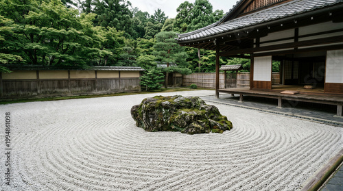 Japanese Zen rock garden with raked white gravel and temple