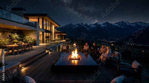 Group of people sitting by fire pit on luxury patio at night