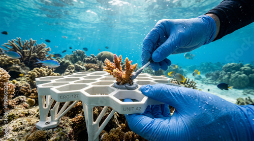 Diver hands in blue gloves planting coral on honeycomb structure