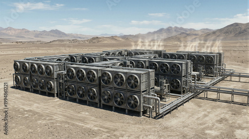 Large scale carbon capture facility with fans in desert landscape