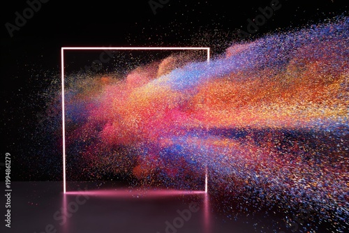 Colorful Particles Burst From a Framed Shape in an Artistic Display in a Dark...